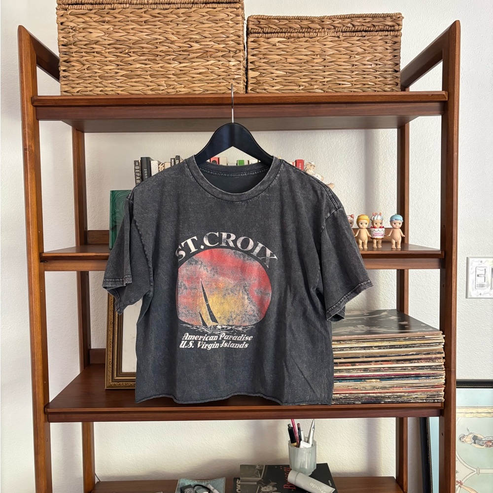 Brandy Melville Black St. Croix Graphic Crop Tee with Sunset Print